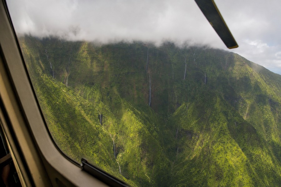 Aerial view from a helicopter over Kauai's folded interior valleys near Mount Wai'ale'ale