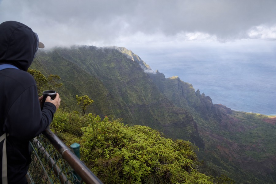 The Kalalau Lookout in Koke'e State Park on Kauai overlooking a deep green valley