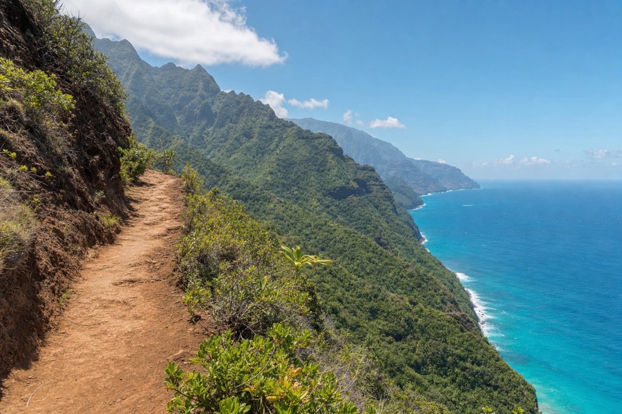 Panoramic view of the Na Pali cliffs and ocean from an exposed section of the Kalalau Trail