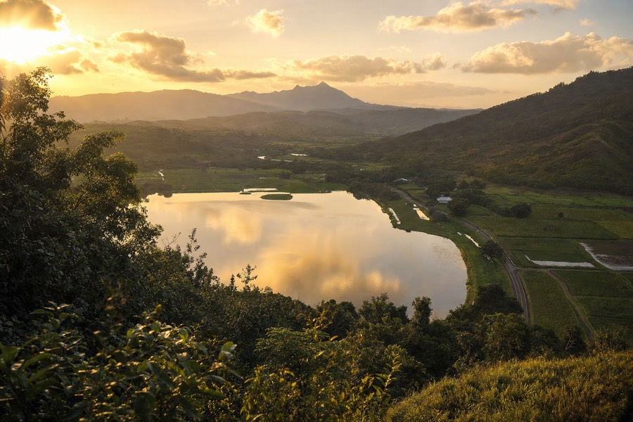 Wide view of Waita Reservoir seen from a ridge above Koloa, water reflecting the morning sky