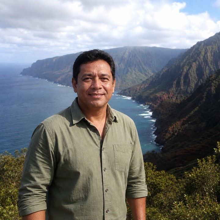 Kainoa Kealoha standing at a Na Pali Coast overlook on Kauai, green sea cliffs and the Pacific behind him